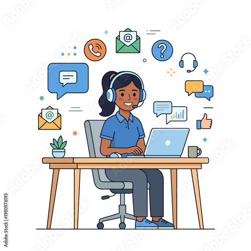 A customer service agent helps clients from home.