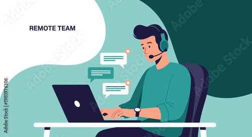 Remote Teamwork: Man with Headset on Laptop, Chatting Online, Working from Home