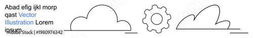Cloud computing, data backup, technology, innovation, digital storage, IT management. A gear icon between two cloud outlines. Cloud computing and data backup concept
