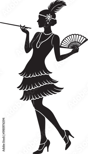 Vintage flapper girl silhouette, 1920s art deco woman with cigarette holder and fan, roaring twenties vector icon