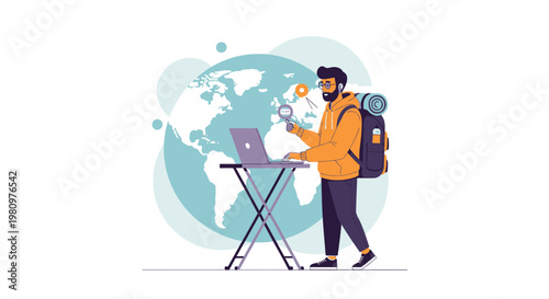 Traveler using laptop and magnifying glass with world map background