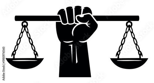 Raised clenched fist firmly holding the balance scale, representing justice, equality, strength, and fighting for rights