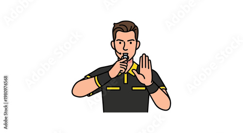 Referee Blowing Whistle, Signaling Stop, Sports Game Official, Referee Uniform