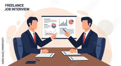 Two businessmen in a meeting discussing charts and graphs during a job interview.