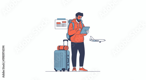 Traveler with luggage checking tablet near airplane and calendar, planning trip