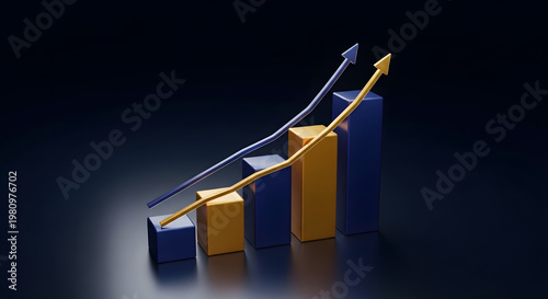 3D rendering of a financial bar graph with upward-trending arrows, symbolizing growth and success in business and investment