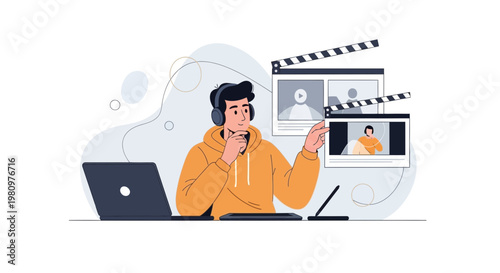 Video editor working on laptop with editing software and clapperboard