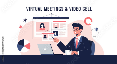 Virtual Meeting and Video Call Concept with Man Presenting Online Conference
