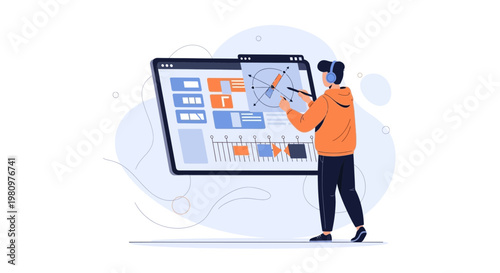 Video editor working on timeline interface with motion graphics and charts on screen