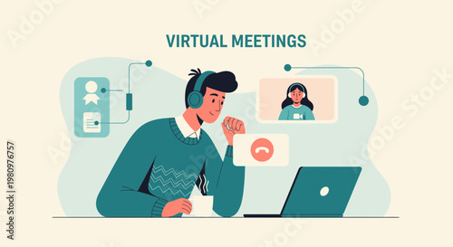 Virtual Meeting Concept: Person with Headphones on Laptop, Video Call