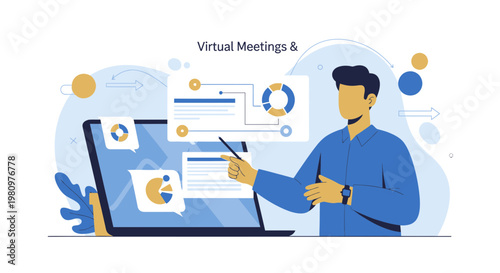 Virtual Meetings & Online Presentation: Man Explaining Charts on Laptop Screen