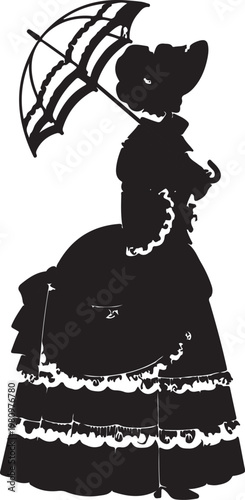 Silhouette of a woman in an elegant 1800s fashion plate dress with a wide skirt, holding an umbrella and wearing a large hat.