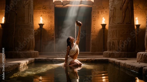 Beautiful Egyptian woman performing sacred bathing ritual in ancient temple pool with torches, candles and sunbeams. Cinematic scene for history, mythology and spa projects.