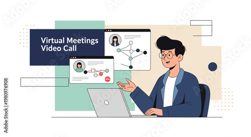 Virtual Meetings Video Call: Man on Laptop, Online Collaboration, Remote Work