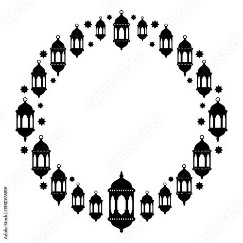 Rustic lantern and star circular border silhouette