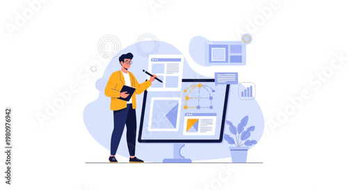 Web Designer Creating User Interface Layout on Computer Screen, UI/UX Design Concept
