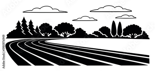 Running track with a curve, lined by a forest and diverse trees, under a sky with clouds. Illustrates athletics, nature, and outdoor activity