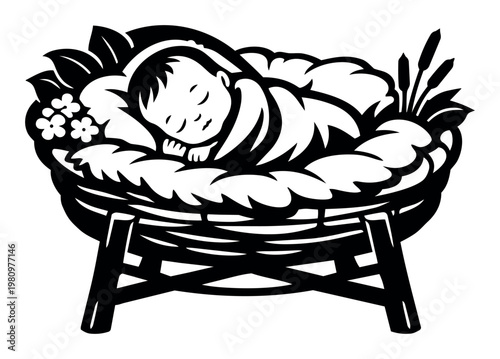 Baby Moses sleeping peacefully in a basket made of bulrushes set on a stand, symbolizing hope and protection