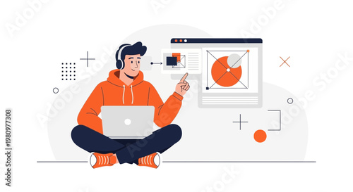 Young designer with headphones working on laptop, creating graphic design on screen