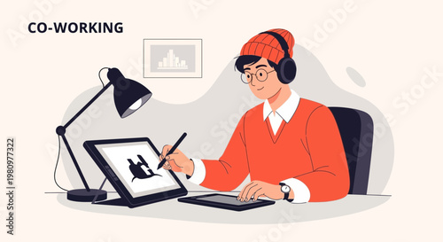 Young designer working on digital tablet in co-working space, illustration