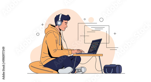 Young man coding on laptop with headphones, working remotely, creative workspace