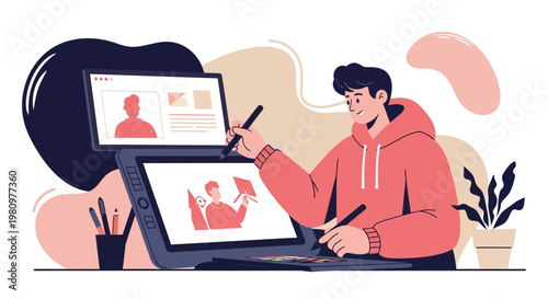 Young digital artist creating art on a tablet, working on a creative project