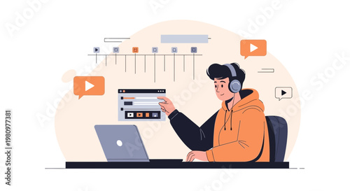 Young man editing video on laptop, online content creation, remote work concept