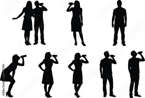 Canvas Print Set of People Silhouettes Drinking from Bottles Including Men and Women Standing