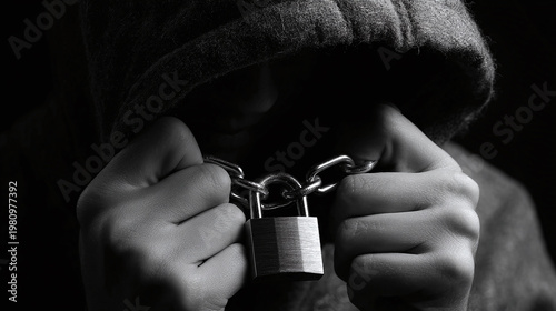 hands hold a chain in black and white