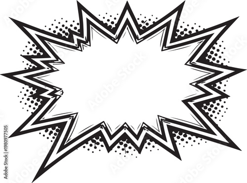 Retro comic book speech bubble, black and white pop art explosion frame, halftone dot burst vector illustration