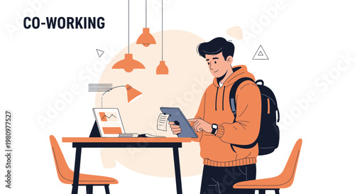 Young man with backpack using tablet in a modern co-working space with laptops and chairs