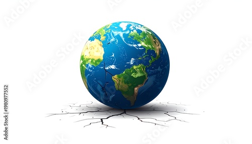 A planet Earth with visible continents and oceans, rendered with a realistic texture and cracks spreading through its surface