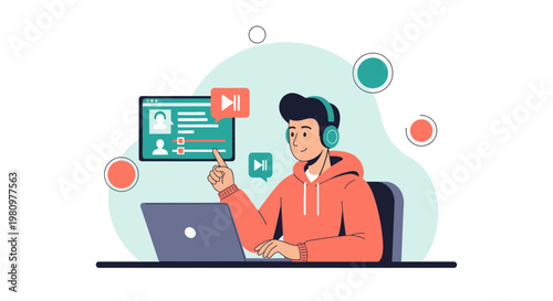 Young man with headphones learning online, interacting with digital interface on laptop