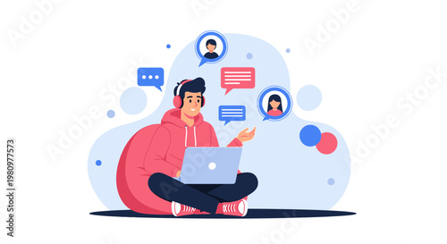 Young man with headphones and laptop communicating online with people via chat bubbles