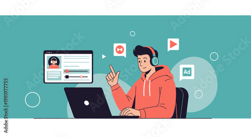 Young man with headphones working on laptop, creating online content, streaming, vlogging