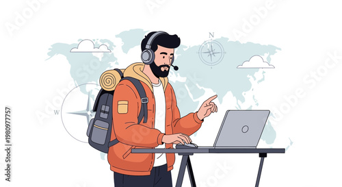 Traveler working remotely with laptop and headset on world map background