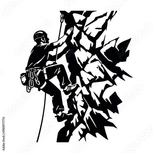 Skilled rock climber, equipped and determined, fearlessly conquering a steep rock face in a challenging outdoor activity