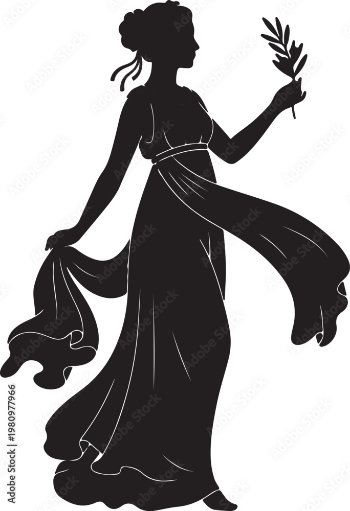 © trianisuciati - Elegant silhouette of a woman in a flowing classical Greek-inspired dress, holding an olive branch, embodying grace and peace.