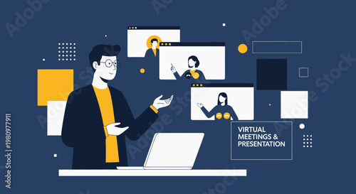 Virtual Meeting & Presentation: Man leading online conference with remote participants