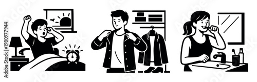 People performing various actions as part of a daily morning routine, depicting habits, hygiene, and preparation for the day