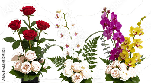 Elegant Floral Bouquet Vector Set with Roses Orchids and Decorative Flower Arrangements for Wedding Decoration Romantic Design and Botanical Illustration Collection
