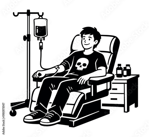 Young man receiving intravenous therapy, giving blood, or getting a saline solution, supporting medical treatment and health