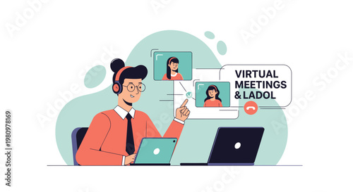 Virtual Meetings and LADOL Concept: Person in Virtual Conference with Laptops