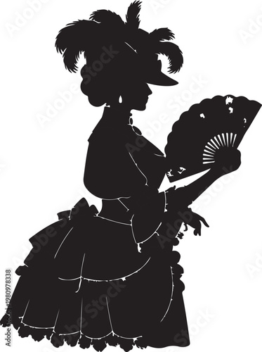 Silhouette of an elegant 1800s high society lady in a fashionable dress with a feathered hat and fan.
