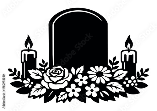 Gravestone silhouette with burning candles and flowers, symbolizing themes of death, mourning, and loss