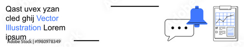 Notifications, communication, reminders, productivity, data analysis, digital tools. Speech bubble with chat dots, push pin icon clipboard with chart. Notification and communication concept