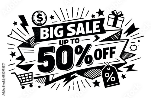 Big sale up to 50% off promotion banner in a playful hand-drawn style, perfect for discounts, offers and markdown advertising campaigns