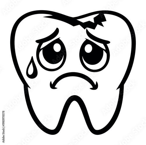 Cartoon broken tooth with a sad face, crying a tear and showing cracks, illustrating dental pain, cavity, and poor oral hygiene concept