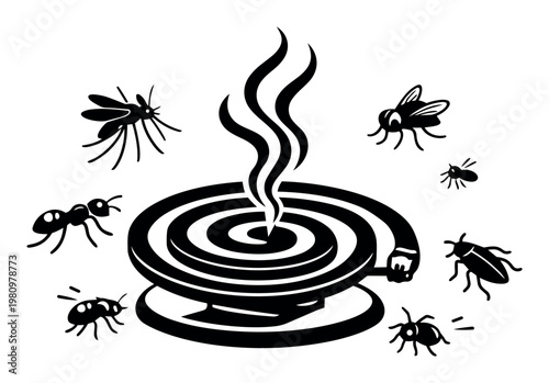 Mosquito coil burning, emitting smoke to deter common household and garden insects from approaching, symbolizing effective repellent and pest control