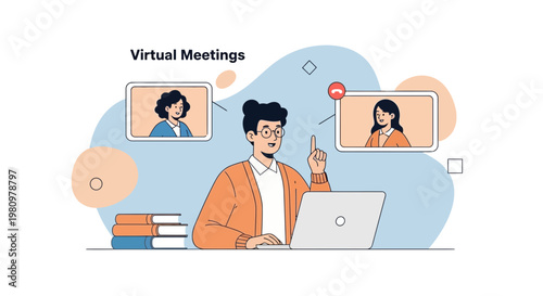 Virtual Meetings: People connecting online via video calls on laptops and screens.